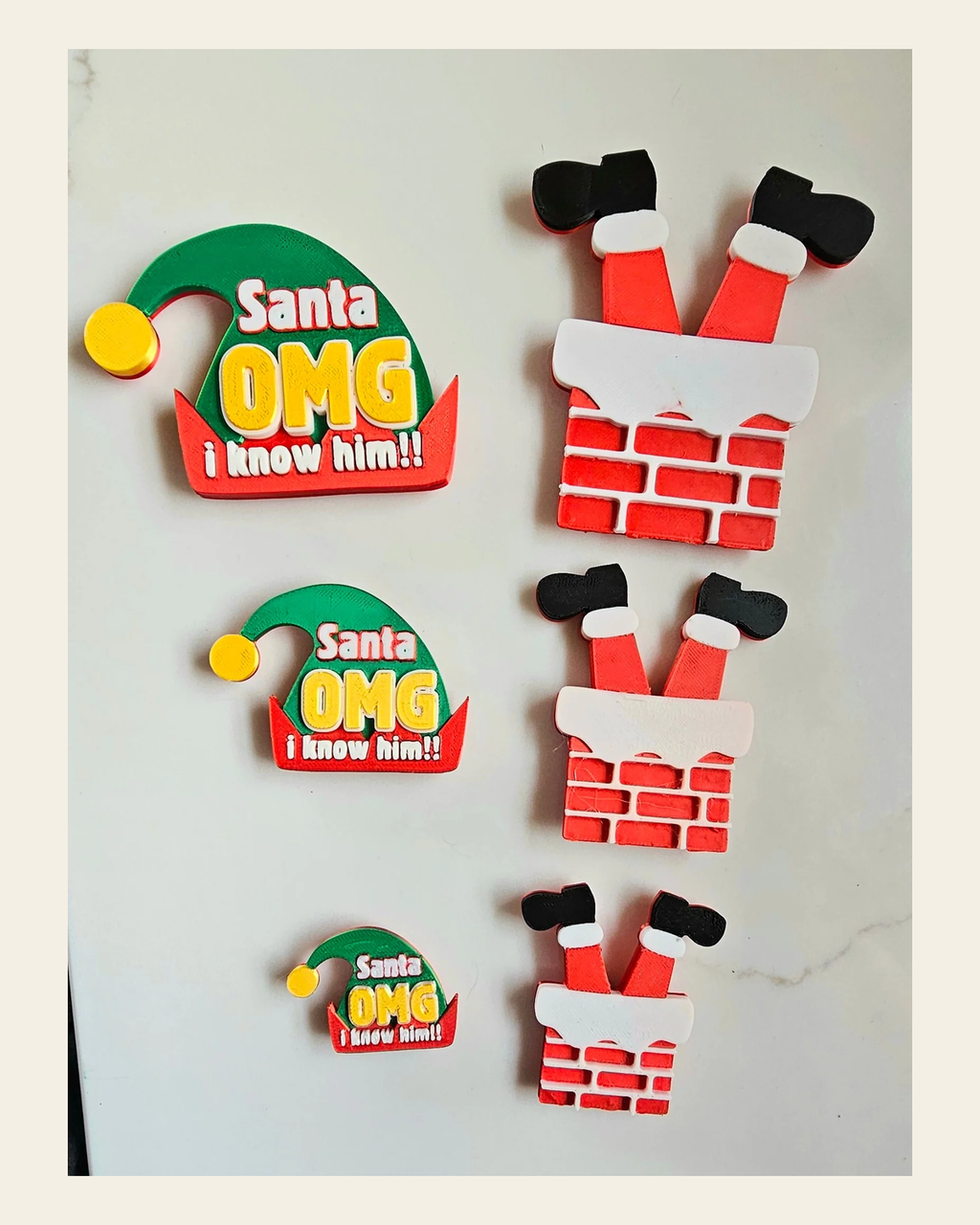 set of 2 Santa Elf I Know Him Hat Magnets Christmas Made in America Choice of Sizes on a warm cream background