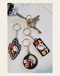 Set of 3 3D Print Chiefs Arrowhead Kc Kansas City 87 Football Keychains Made in America on a warm cream background