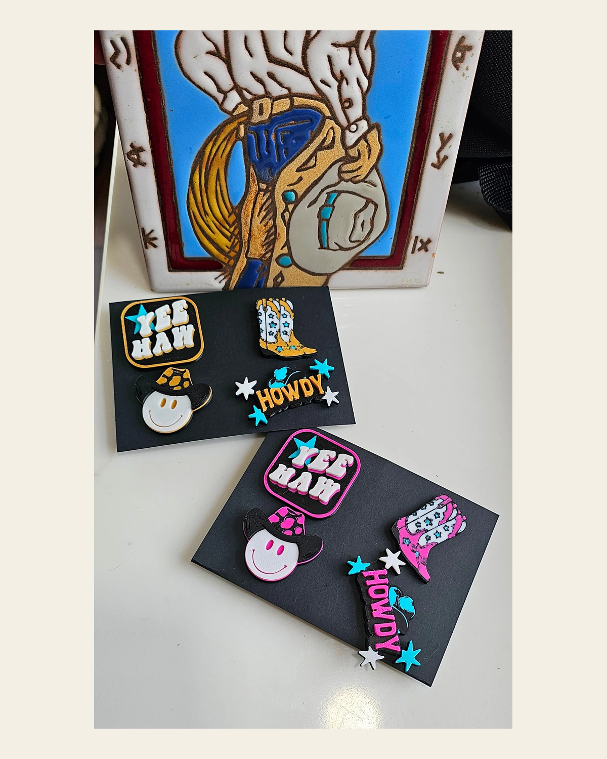 Set of 4 3D Print Western Cowboy Yeehaw Howdy Hat Pins Made in America choice of colors on a warm cream background