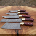 5-piece Damascus chef knife set with butcher cleaver – red pakka wood and brass bolster