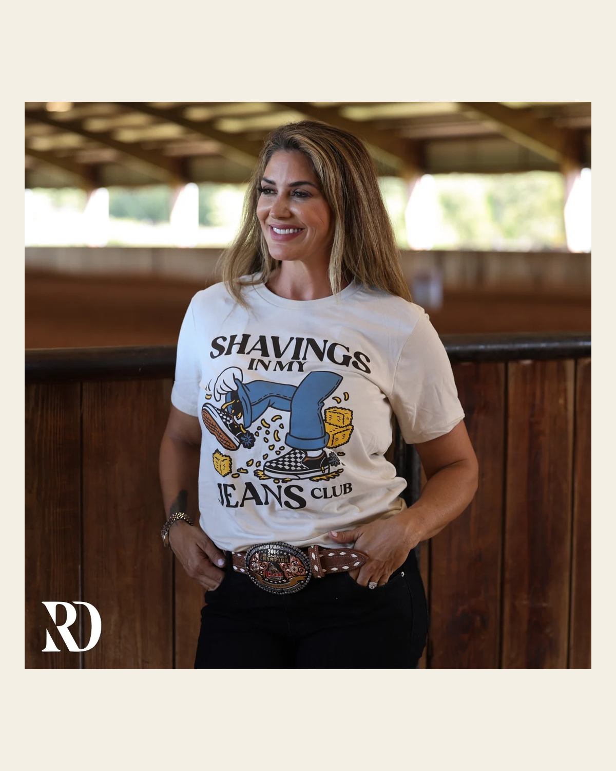 Shavings In My Jeans Club | Tee on a warm cream background