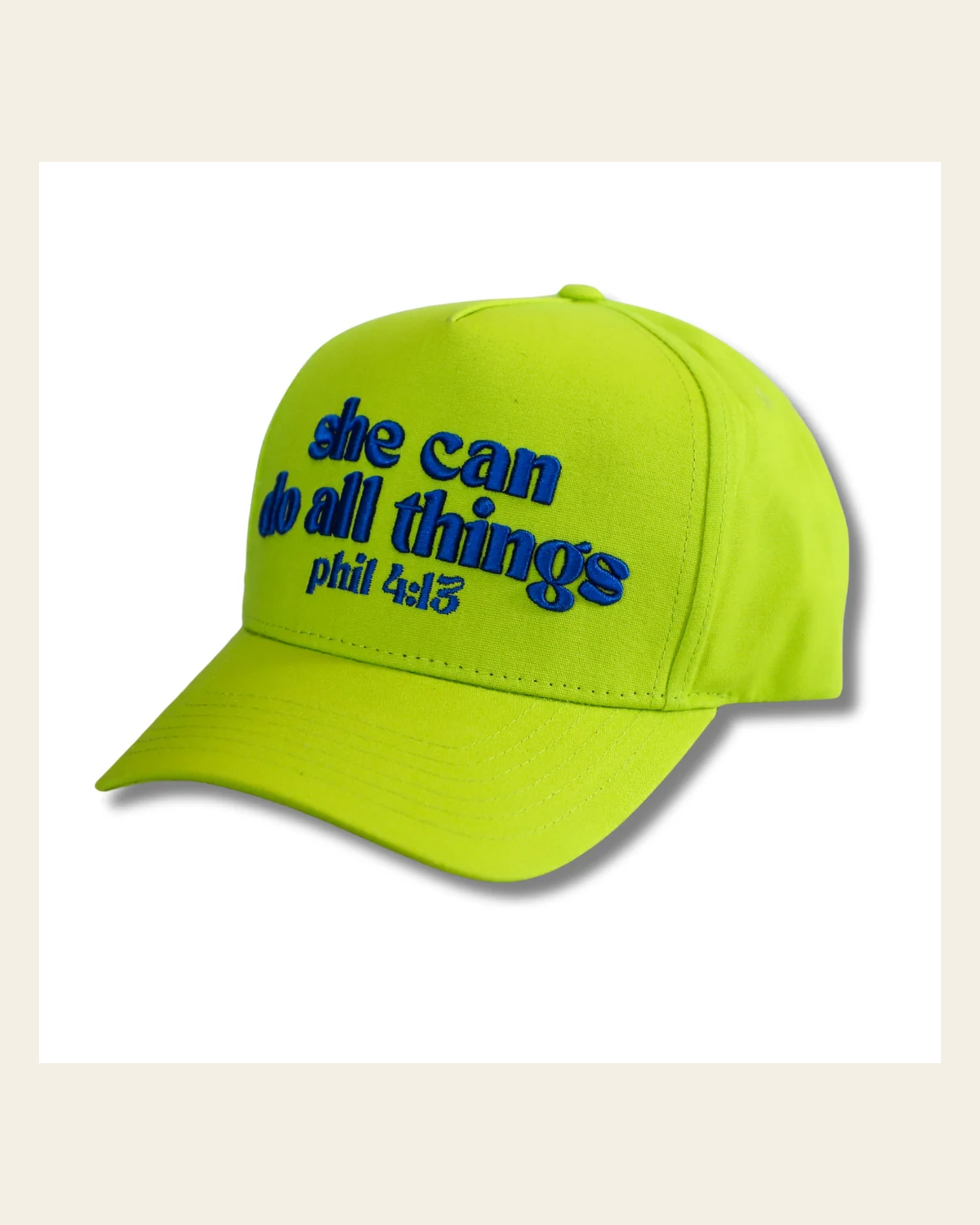 She Can Do All Things Hat on a warm cream background