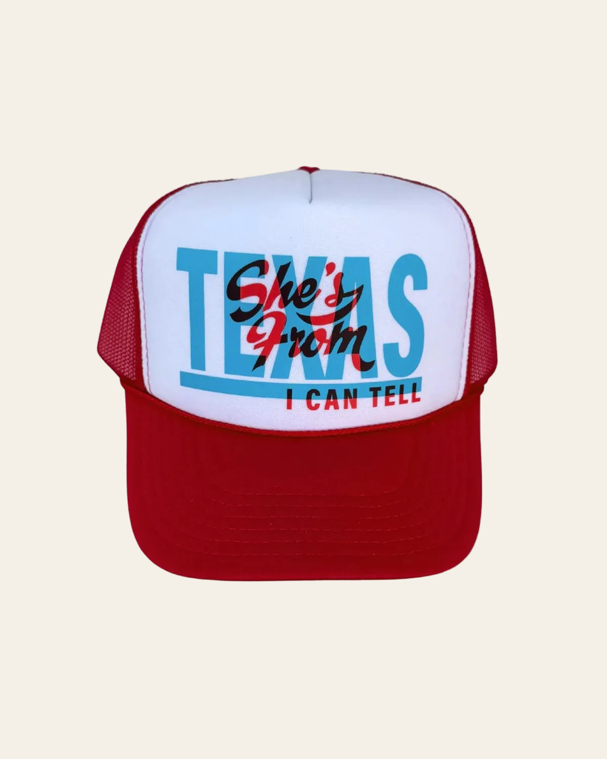 She's From Texas Trucker | Cap on a warm cream background