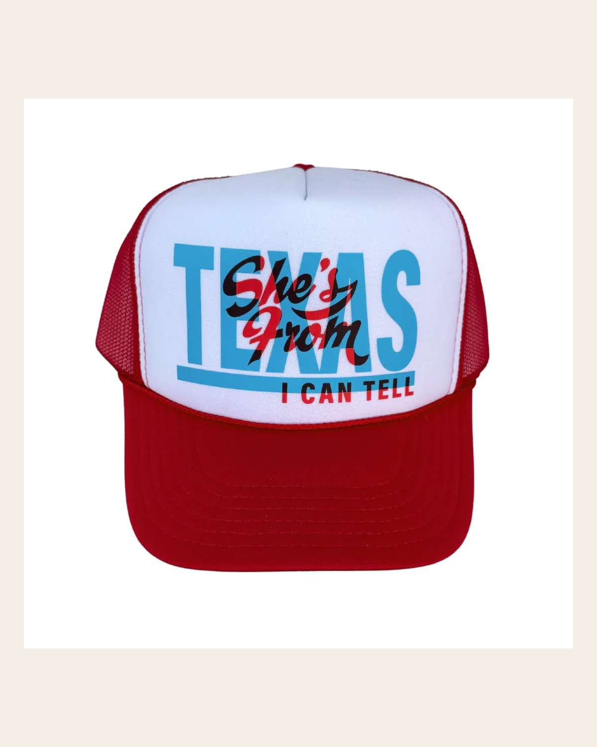 She's From Texas Trucker | Cap on a warm cream background