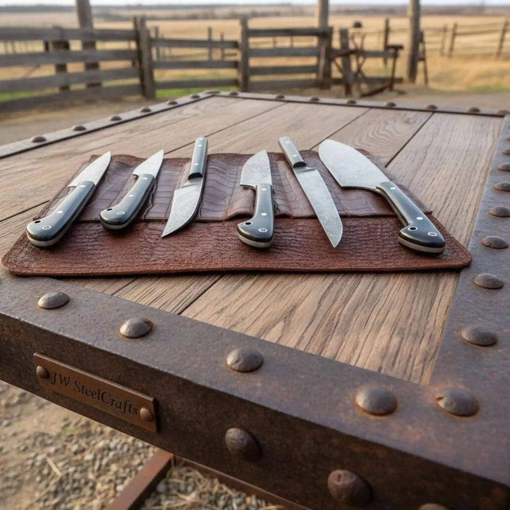 6-Piece Damascus Kitchen Knife Set with Leather Roll — Black Resin Handles, Steel Bolsters, 7 to 10 Inch Blades | JW Steel Crafts