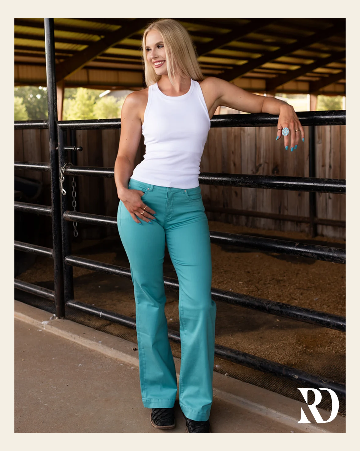 Signature Trouser - Aqua on a warm cream background