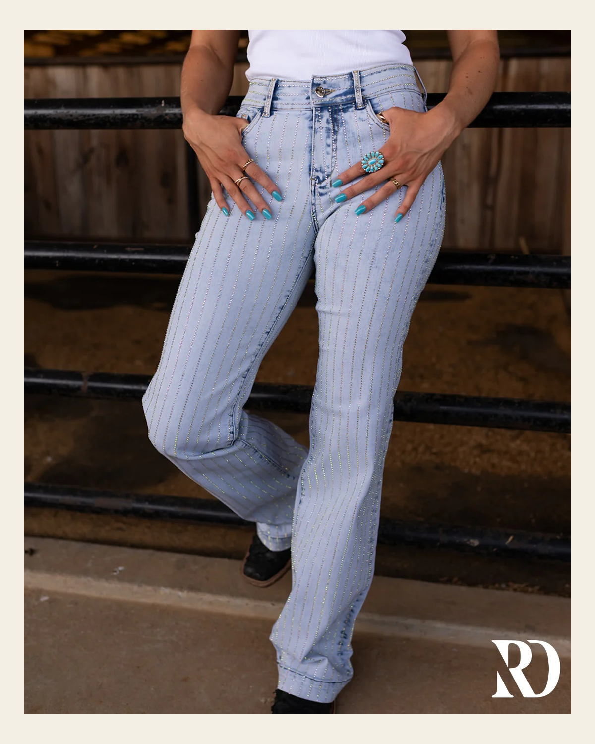 Trouser - Light Wash With Crystals on a warm cream background