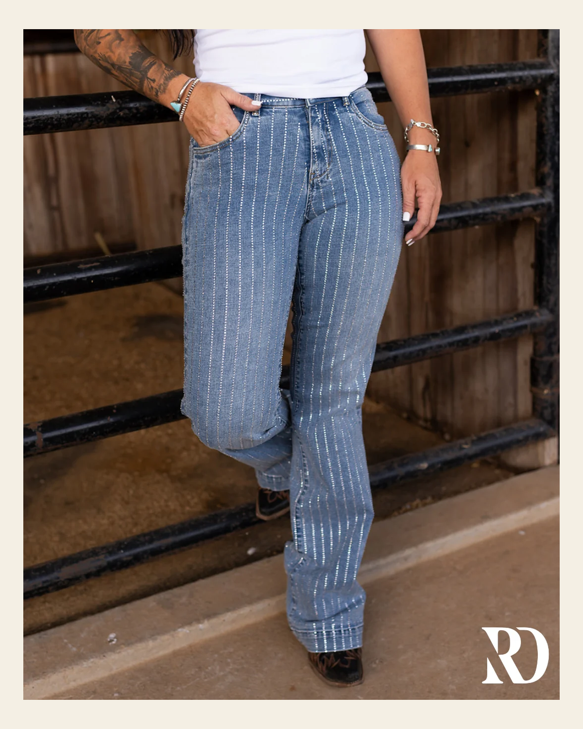 Signature Trouser - Medium Wash With Crystals on a warm cream background