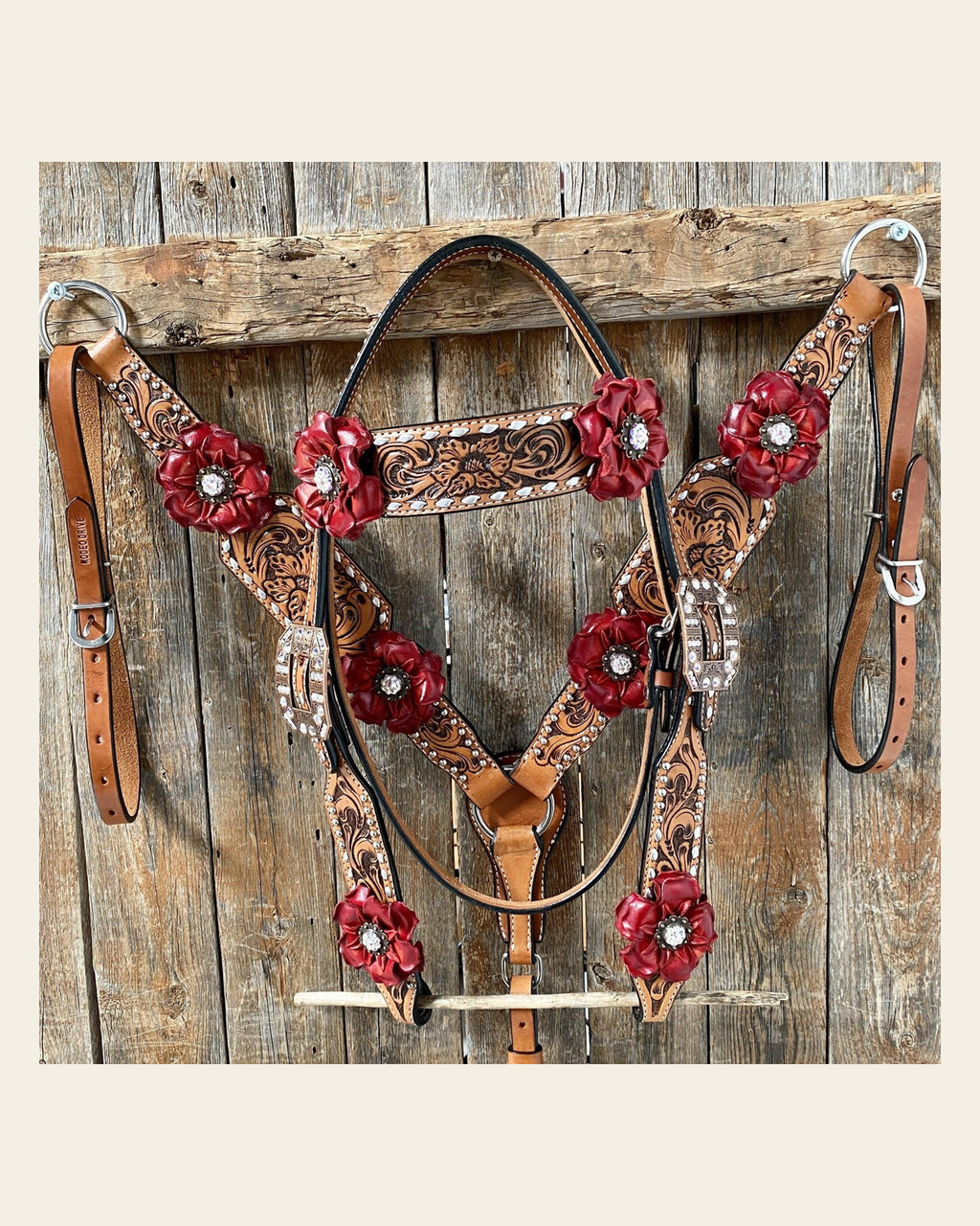 Silver Buckstitch Flower Browband Headstall & Breastcollar Set #BBBC405 on a warm cream background