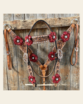 Silver Buckstitch Flower Browband Headstall & Breastcollar Set #BBBC405 on a warm cream background