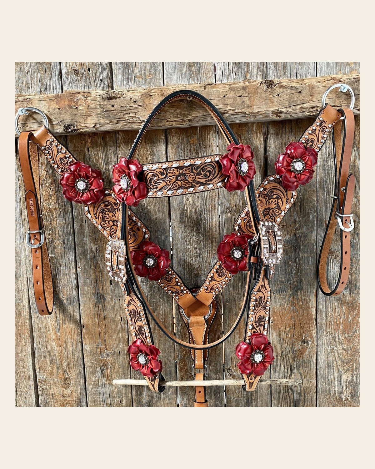 Silver Buckstitch Flower Browband Headstall & Breastcollar Set #BBBC405 on a warm cream background