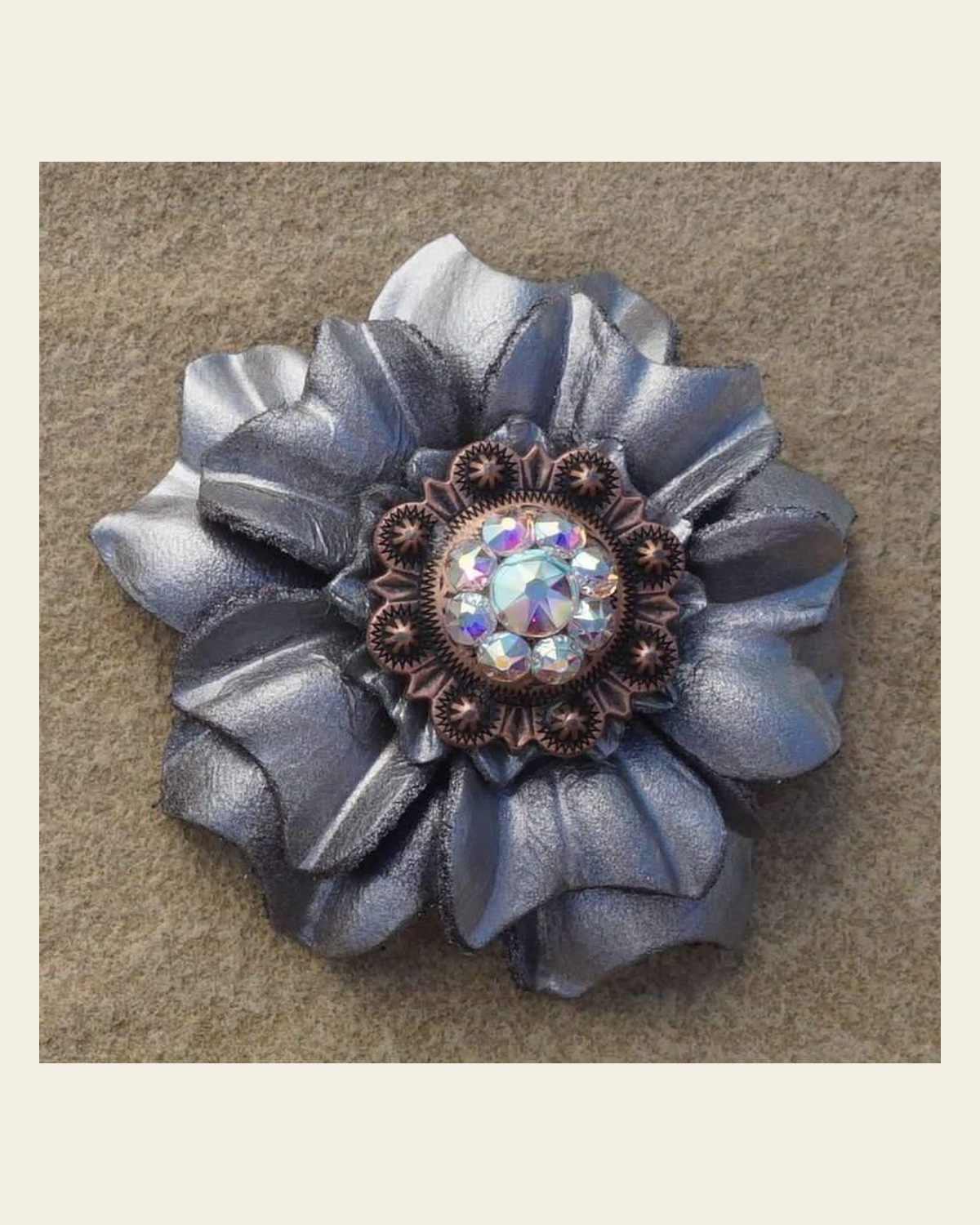 Silver Carnation Flower With Copper AB 1" Concho on a warm cream background