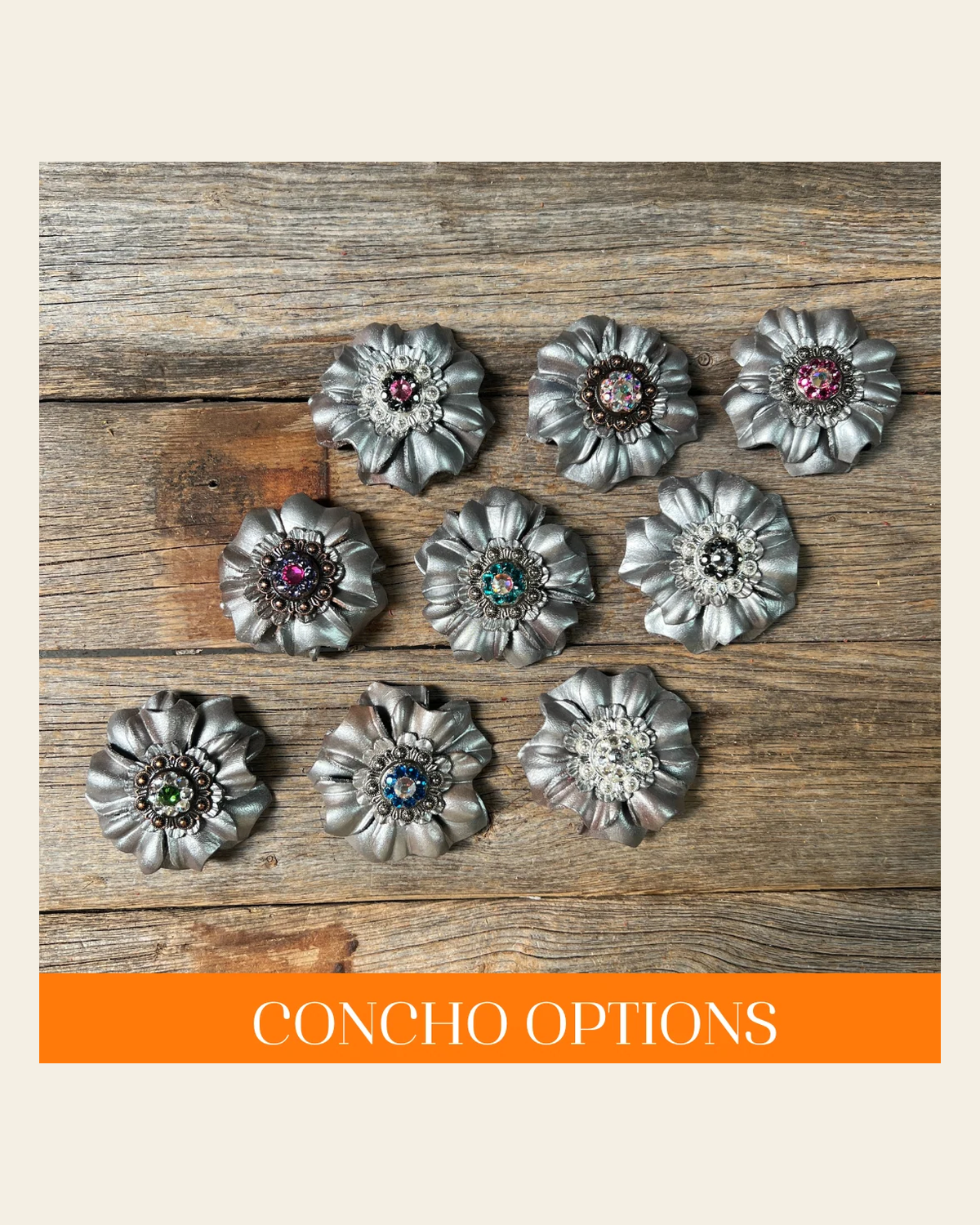 Silver Carnations Leather Flowers - 1" Crystal Conchos - Options on a warm cream background