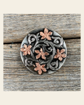 Silver - Copper Floral 1.5"Concho W200L on a warm cream background