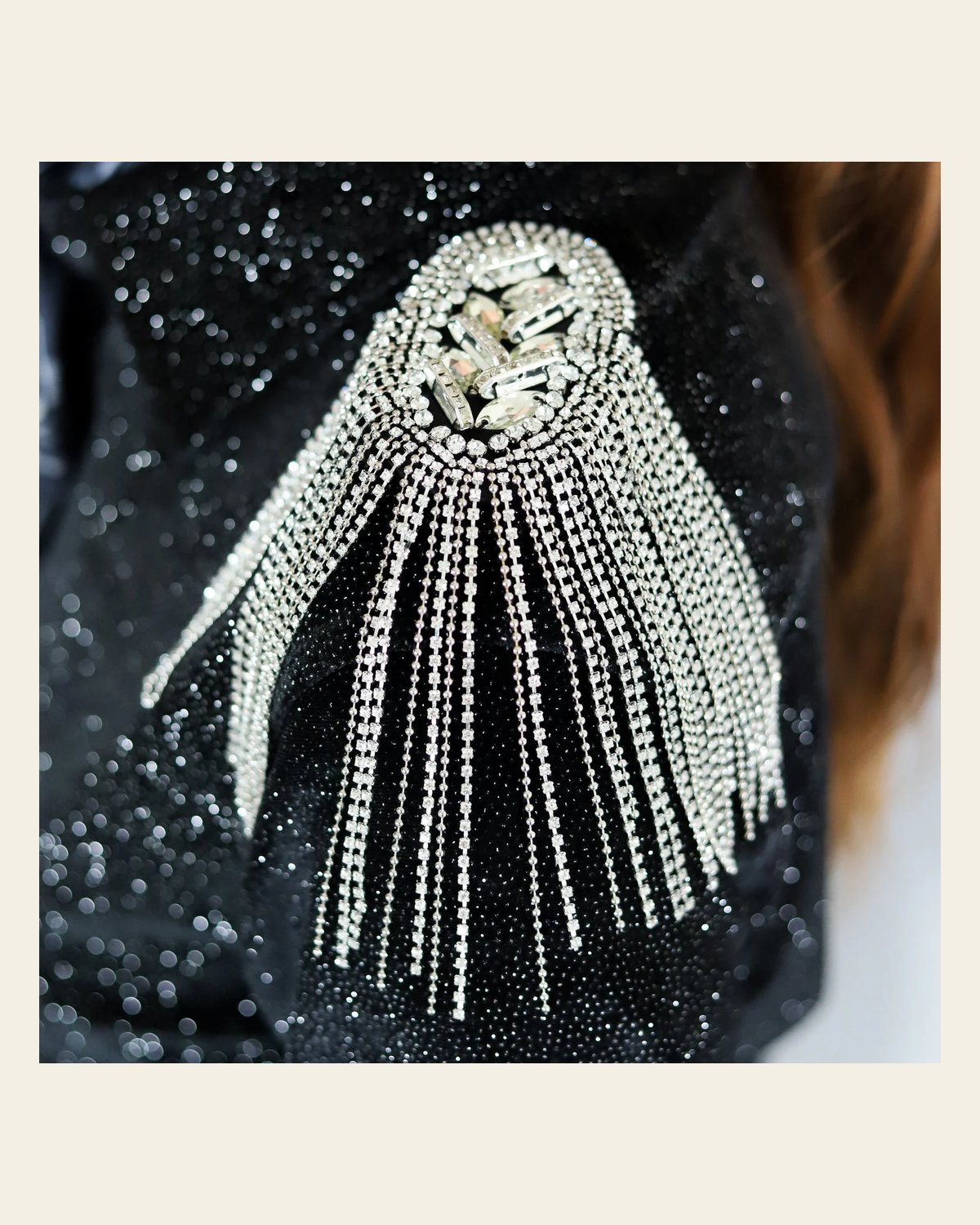 Silver Crystal Shoulder Epaulets on a warm cream background