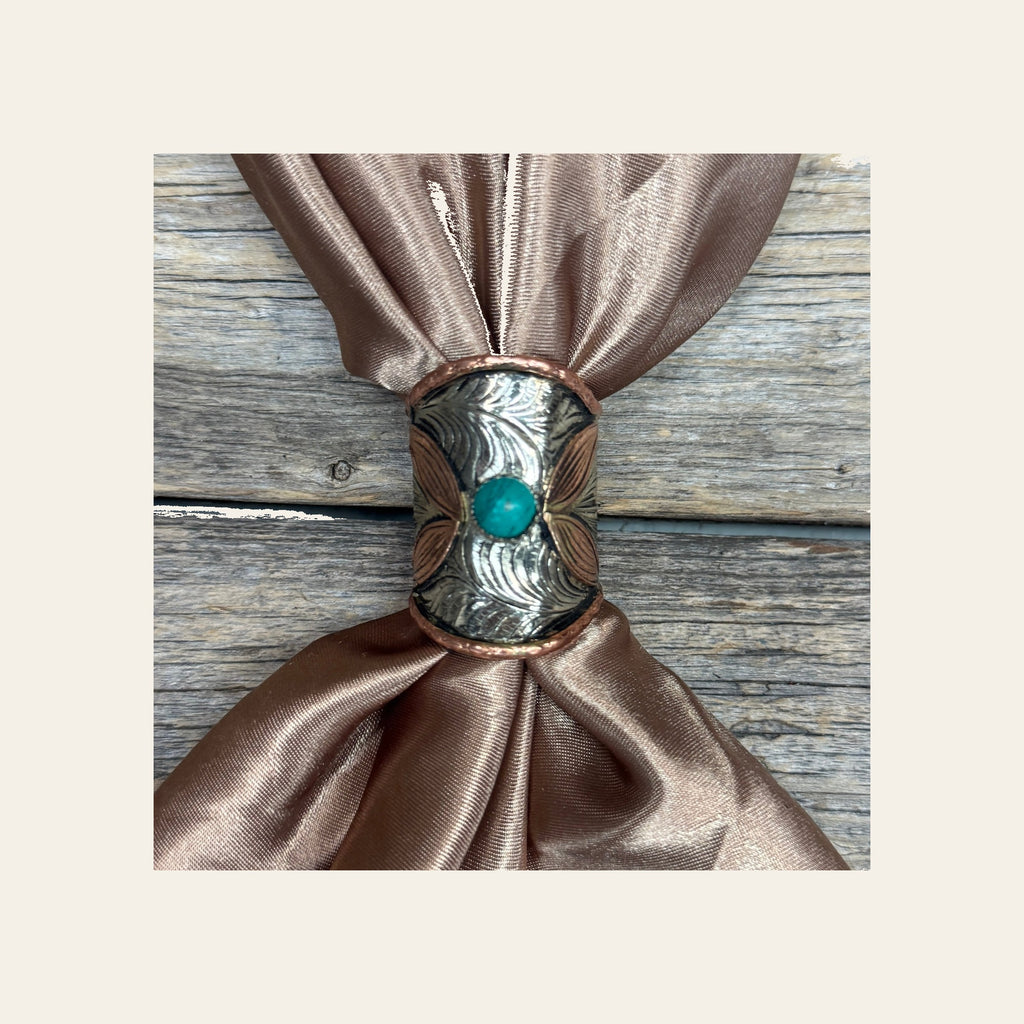 Silver Engraved Copper Leaf with Turquoise Wild Rag Slide #PS103
