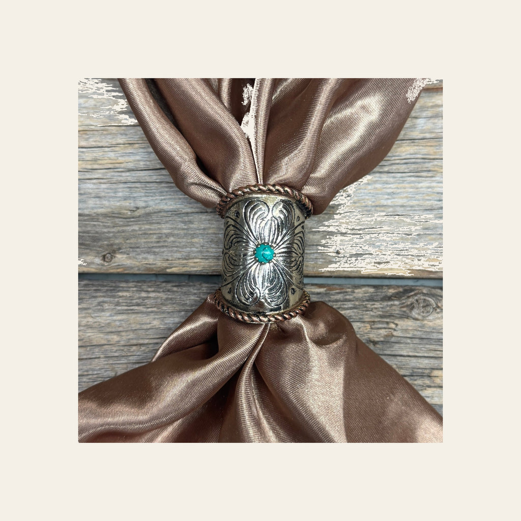 Silver Engraved Large Flower with Turquoise Wild Rag Slide #PS105