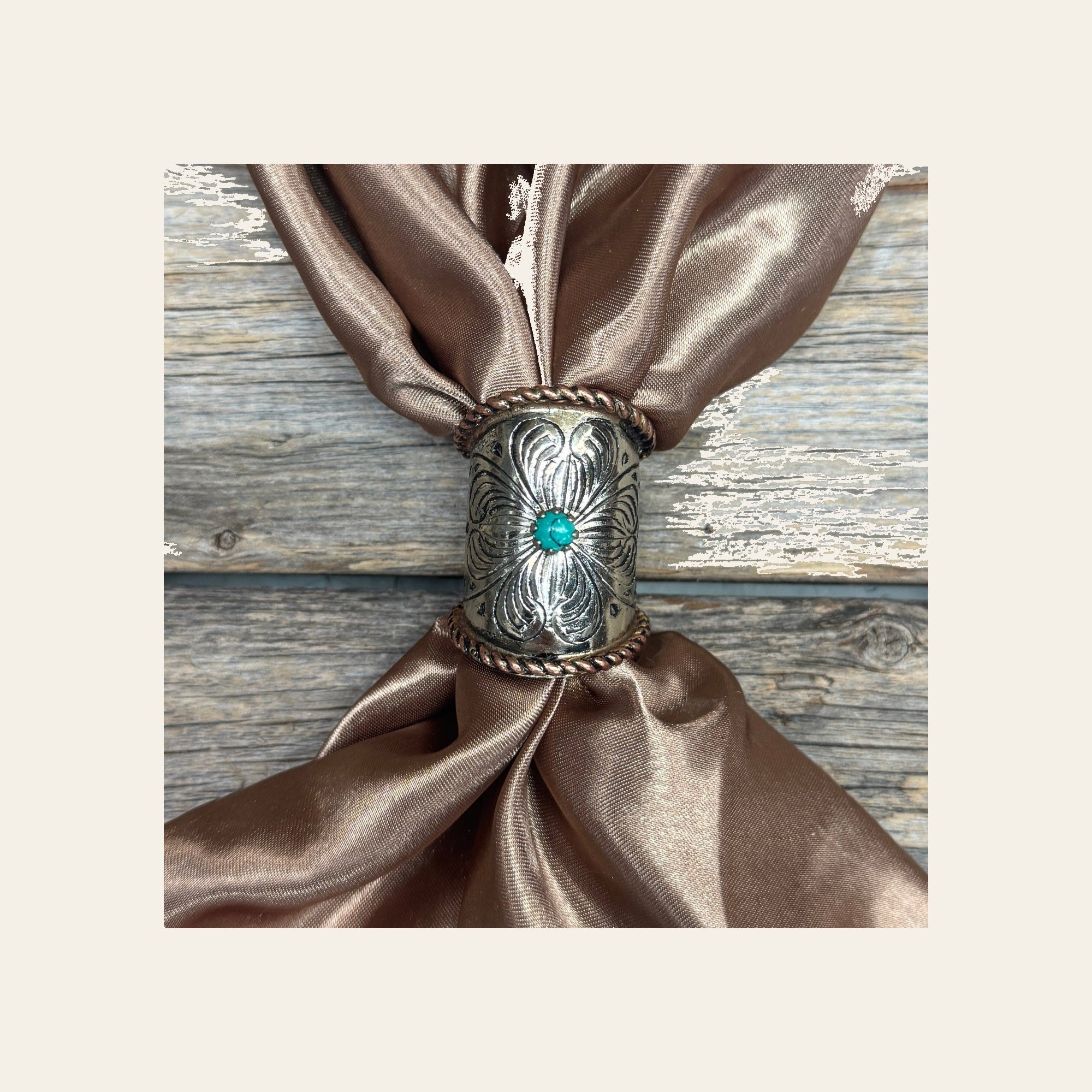Silver Engraved Large Flower with Turquoise Wild Rag Slide #PS105