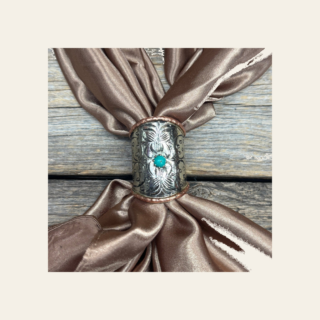 Silver Engraved Small Flower with Turquoise Wild Rag Slide #PS101