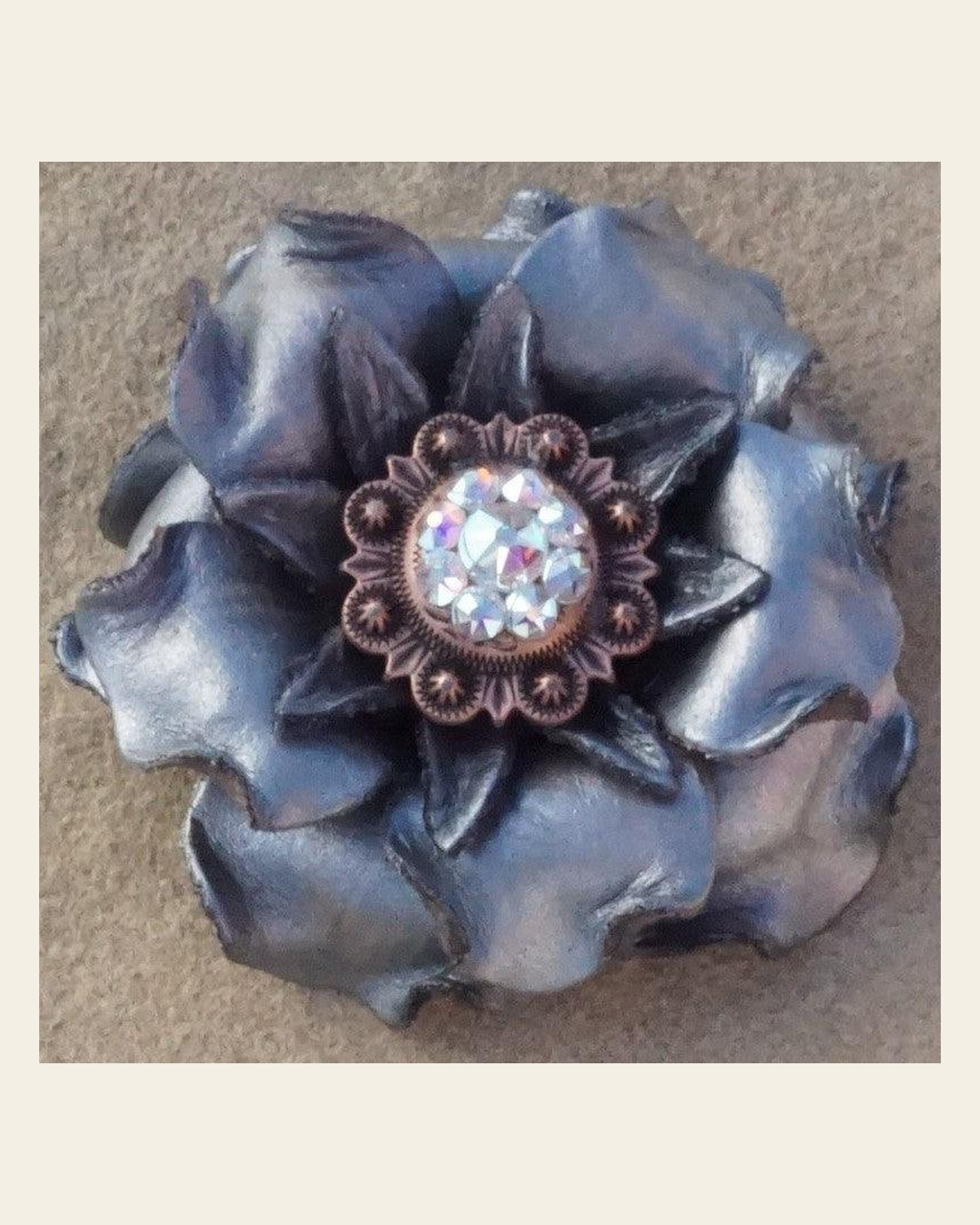 Silver Gardenia Flower With Copper AB 1" Concho on a warm cream background