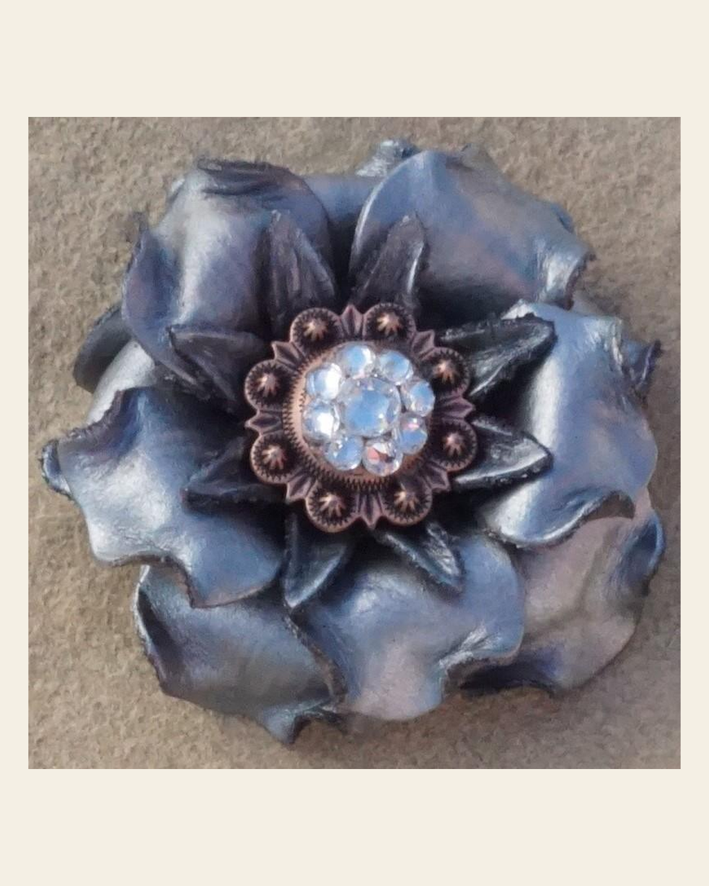 Silver Gardenia Flower With Copper Clear 1" Concho on a warm cream background