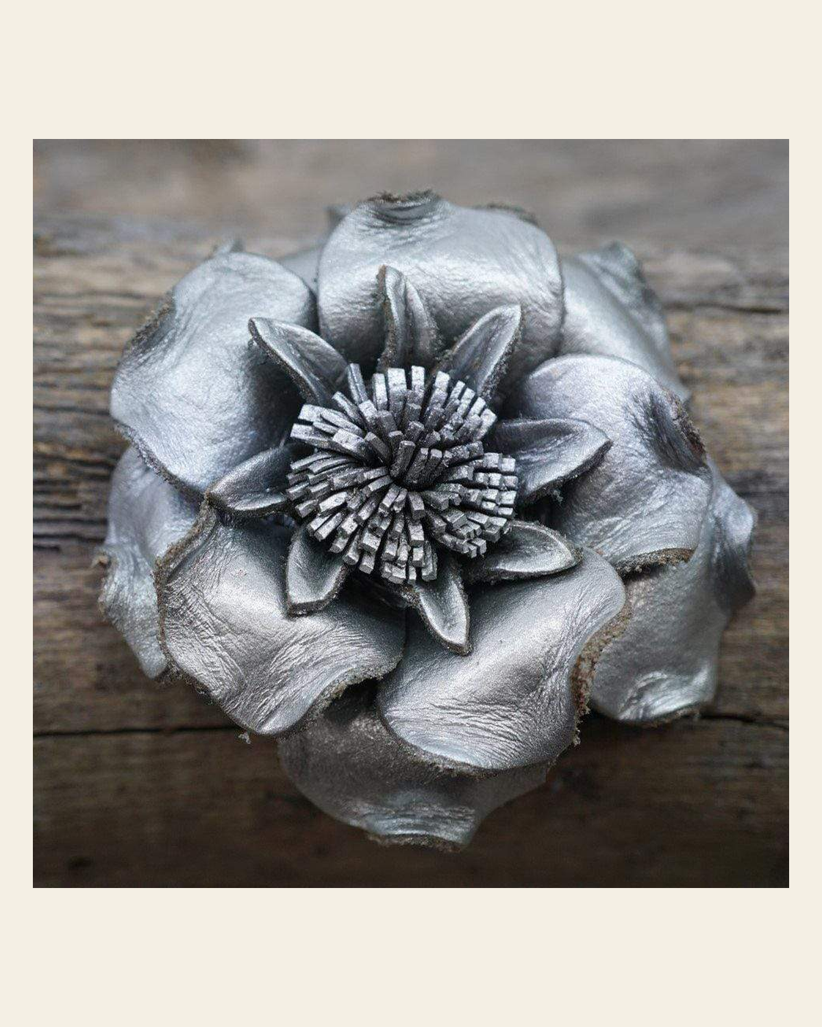 Silver Gardenia Leather Flower on a warm cream background