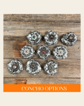 Silver Gardenia Leather Flowers - 1" Crystal Conchos - Options on a warm cream background