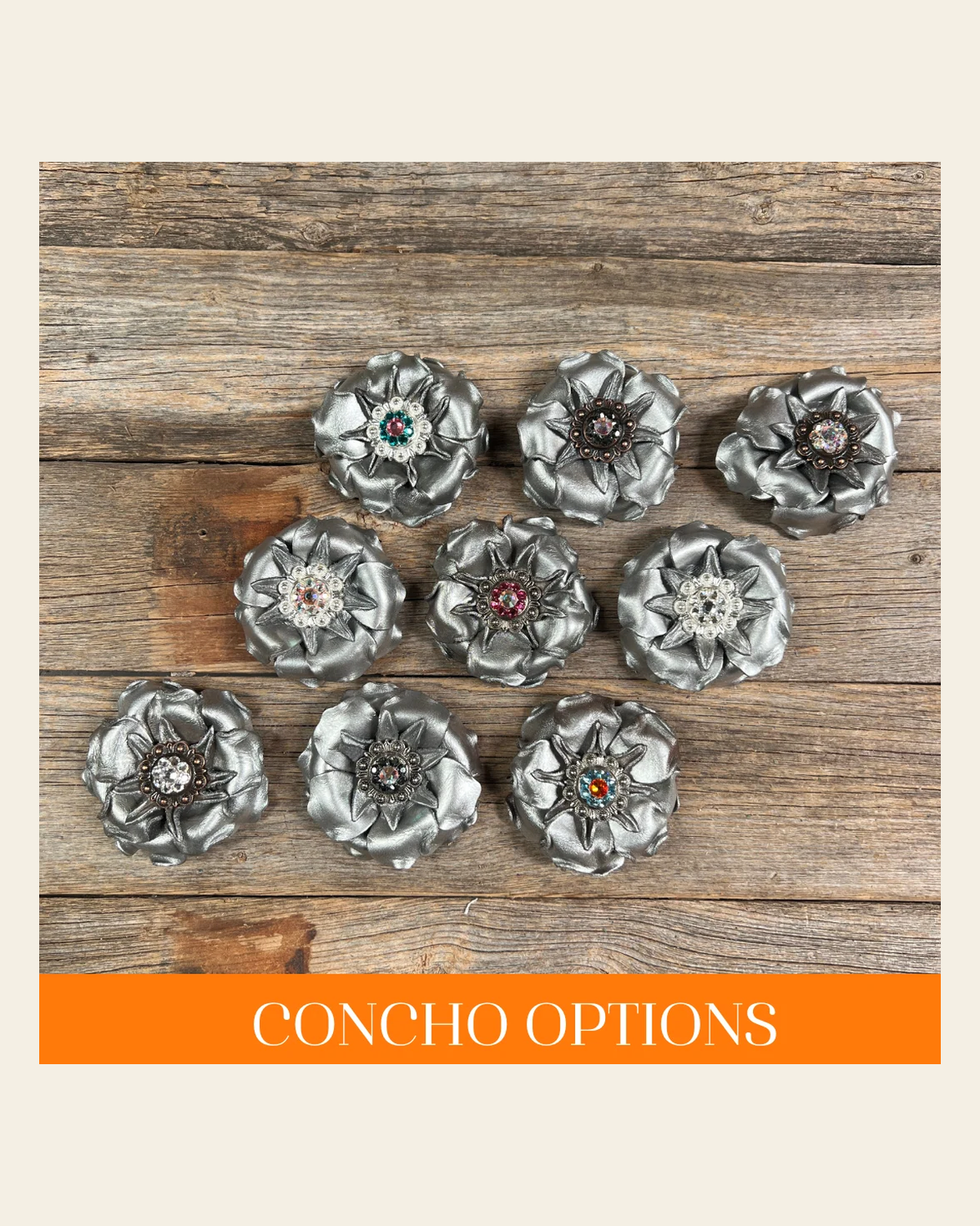 Silver Gardenia Leather Flowers - 1" Crystal Conchos - Options on a warm cream background
