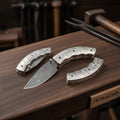 Handmade Damascus Steel Folding Knife – Engraved Brass Handle EDC Pocket Knife with Leather Sheath