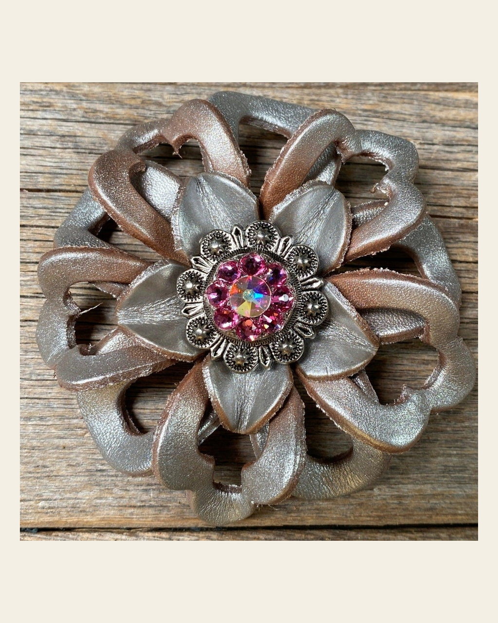 Silver Lotus Flower With Antique Silver Pink & AB 1" Concho on a warm cream background