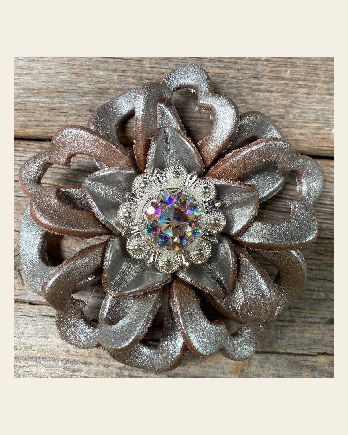 Silver Lotus Flower With Bright Silver AB 1" Concho on a warm cream background