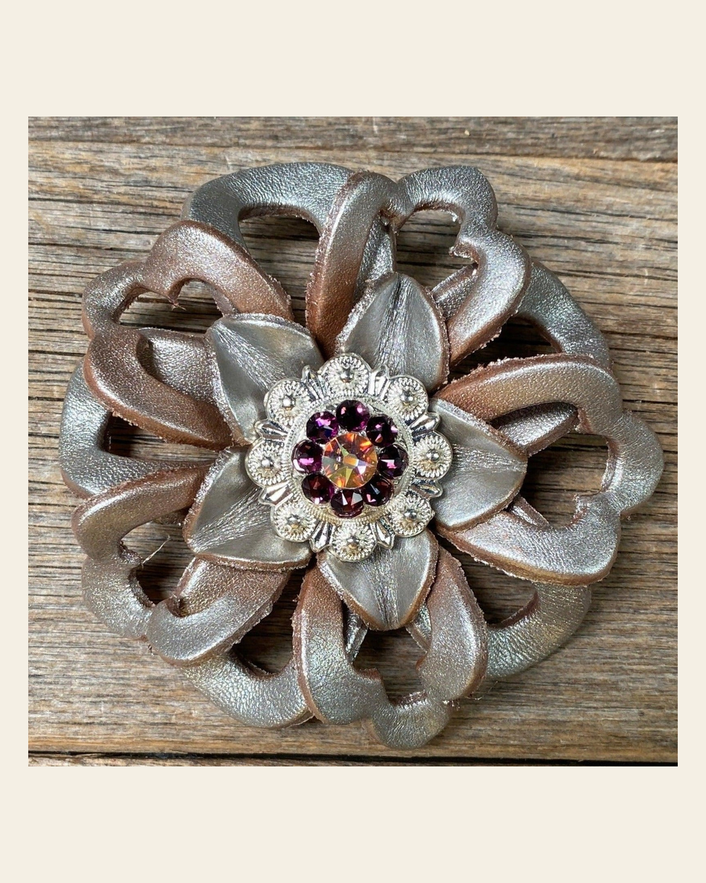 Silver Lotus Flower With Bright Silver Amethyst & AB 1" Concho on a warm cream background