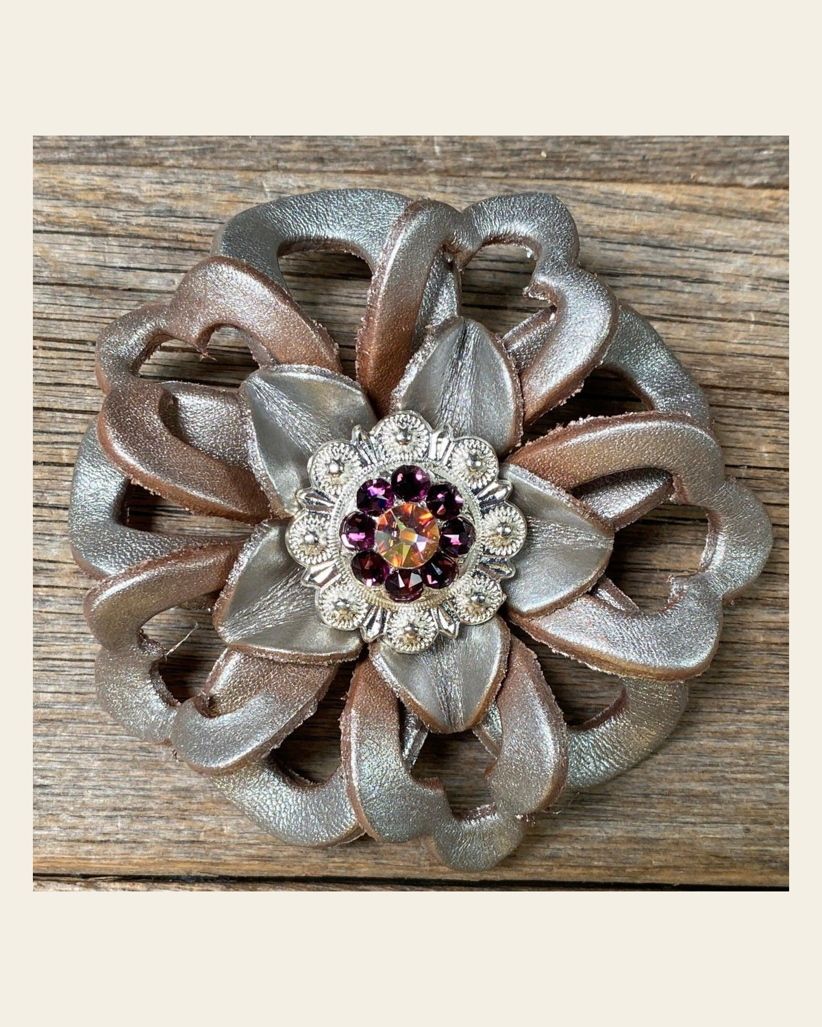 Silver Lotus Flower With Bright Silver Amethyst & AB 1" Concho on a warm cream background