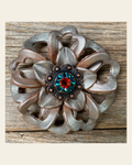 Silver Lotus Flower With Copper Fire Opal & Teal 1" Concho on a warm cream background