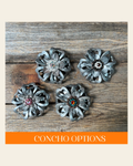 Silver Lotus Leather Flowers - 1" Crystal Conchos - Options on a warm cream background