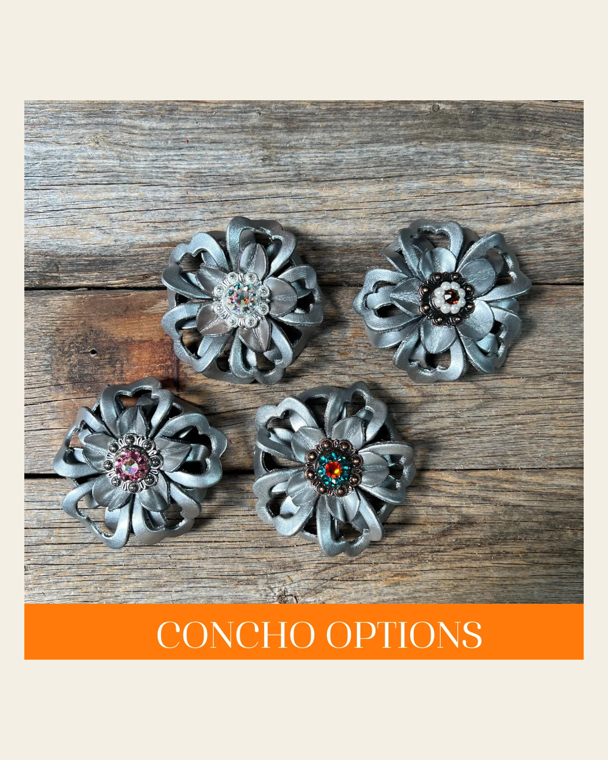 Silver Lotus Leather Flowers - 1" Crystal Conchos - Options on a warm cream background