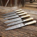 Damascus Steak Knife Set of 6 — Twisted Damascus Blades, Bone Handles, Steel Bolster, Mosaic Pin & Full Tang