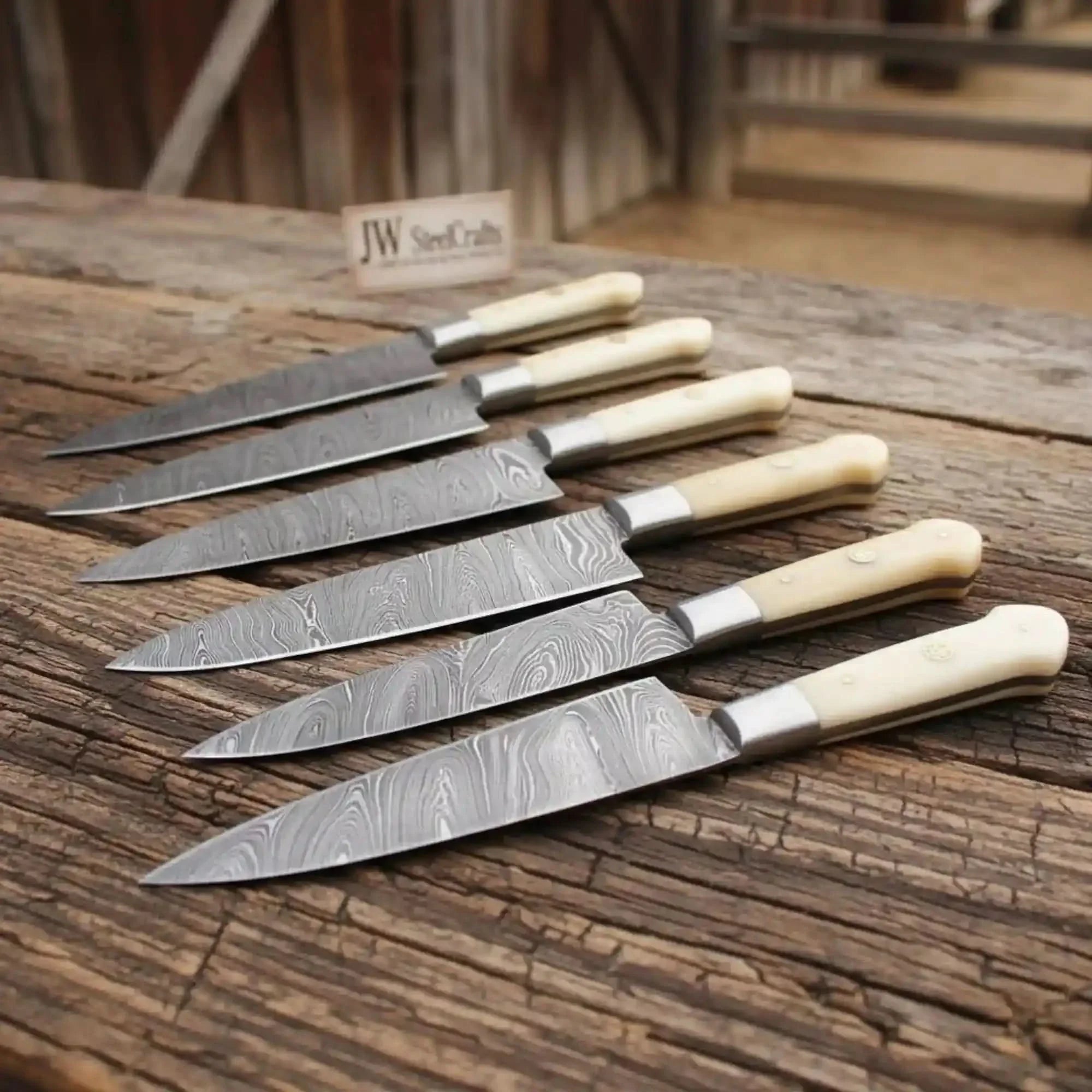 Damascus Steak Knife Set of 6 — Twisted Damascus Blades, Bone Handles, Steel Bolster, Mosaic Pin & Full Tang