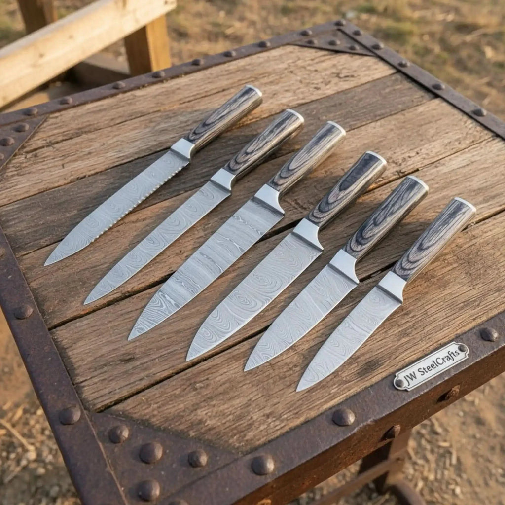 Handmade Damascus Chef Knife Set 6 Piece Professional Kitchen Knife Collection Full Tang Wood Handles