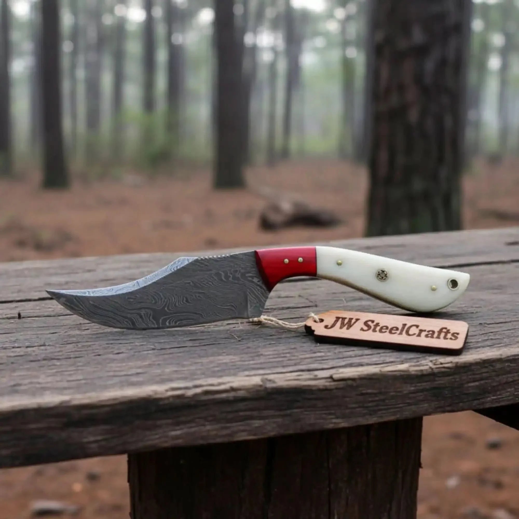Damascus Skinner Knife Bone Red Pakka 6” Overall