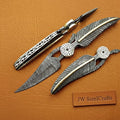 Damascus Steel Folding Knife with Sculpted Feather Handle & Brass Inlay | Handcrafted EDC Pocket Knife