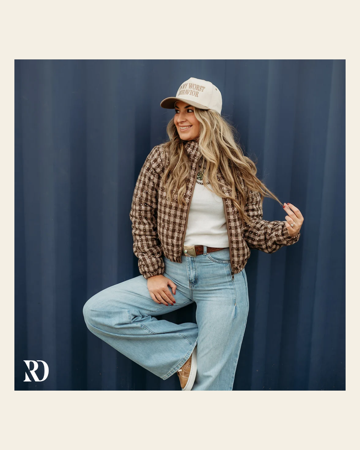 Sloane Sequin Plaid Puffer | Jacket on a warm cream background