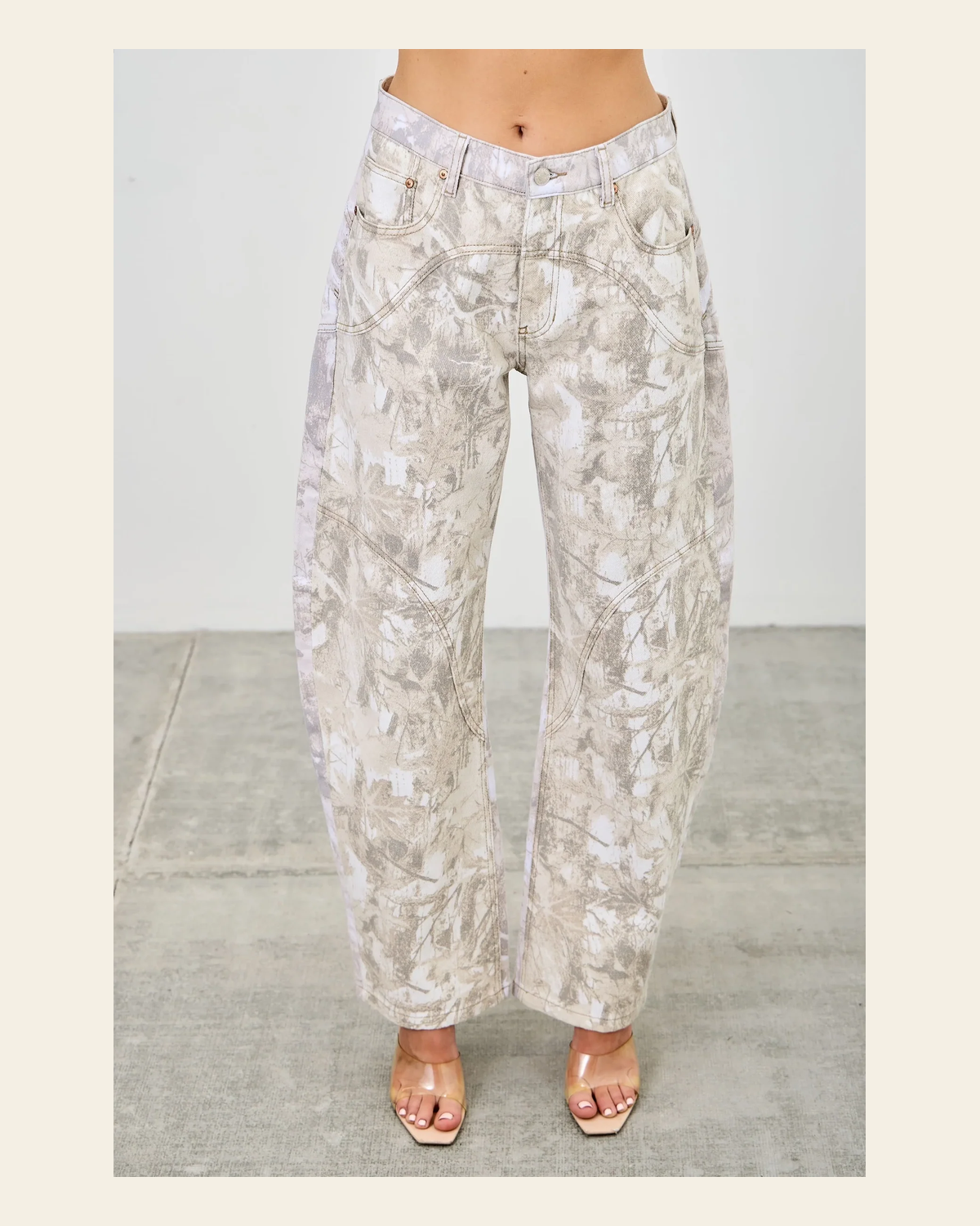 Sloane Snow Camo Barrel | Jeans on a warm cream background