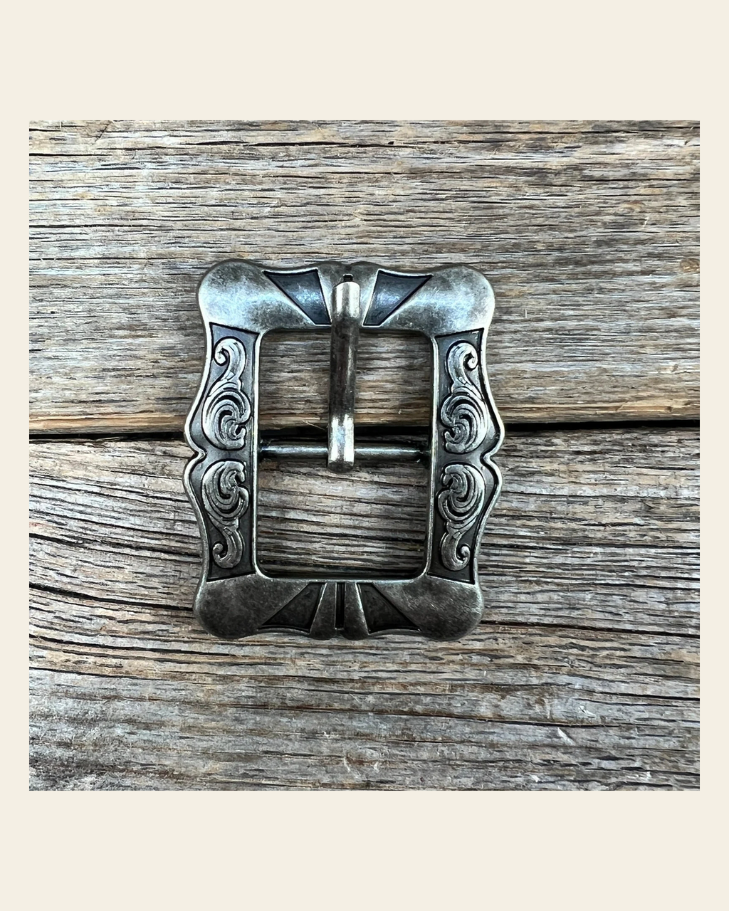 Small Antique Silver Cart Buckle W159B on a warm cream background