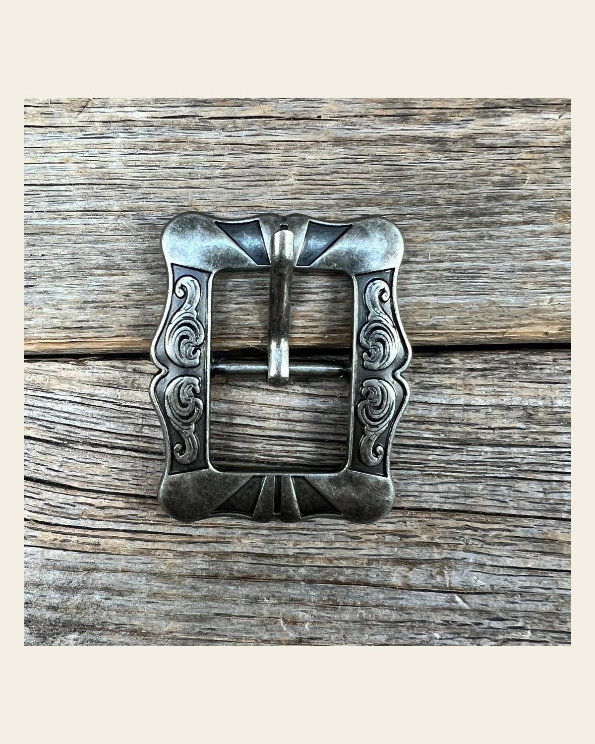 Small Antique Silver Cart Buckle W159B on a warm cream background
