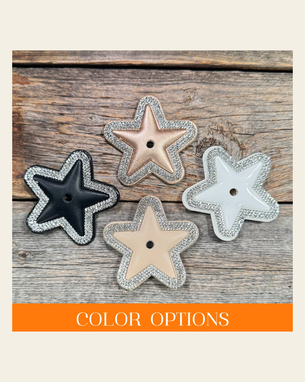Small Star Rhinestone Rosette on a warm cream background