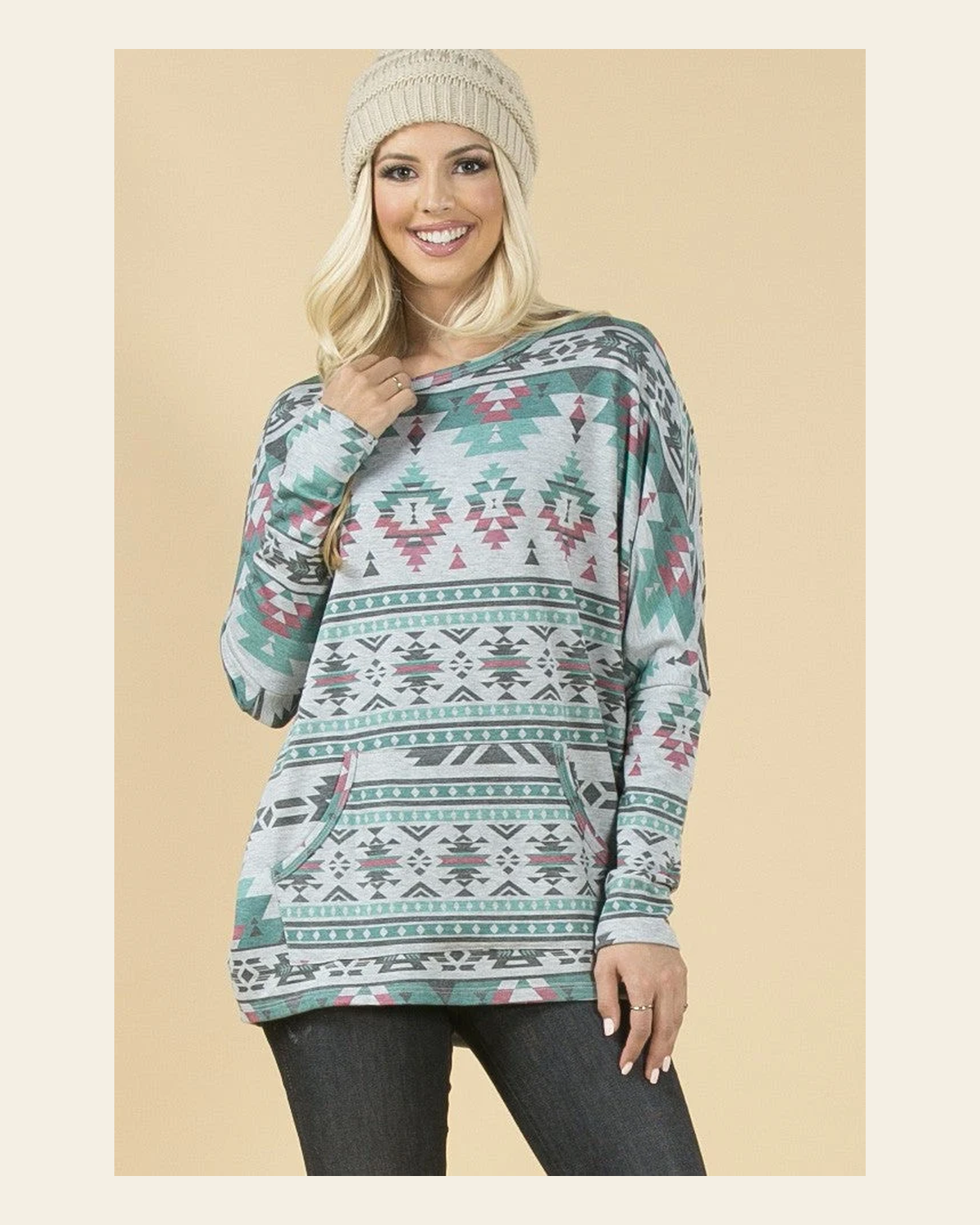 Smoky Mountain Gray Aztec Print Tunic with Pockets Made in America on a warm cream background
