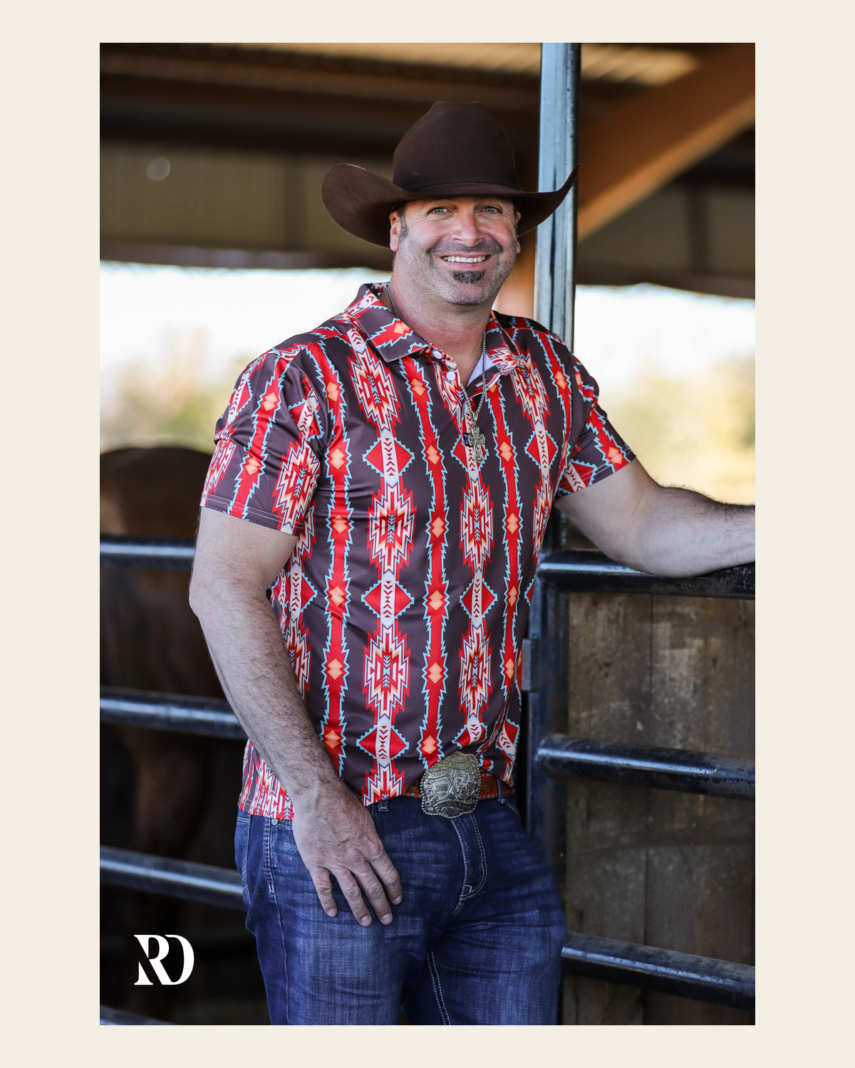 Socorro Men's Performance Polo on a warm cream background