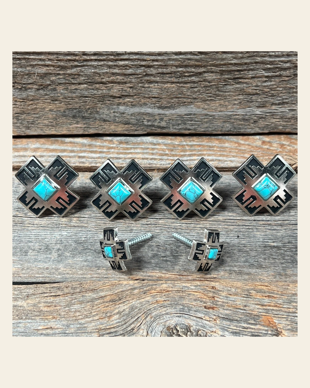 Southwest Antique Silver Turquoise Saddle Set SSW201 on a warm cream background