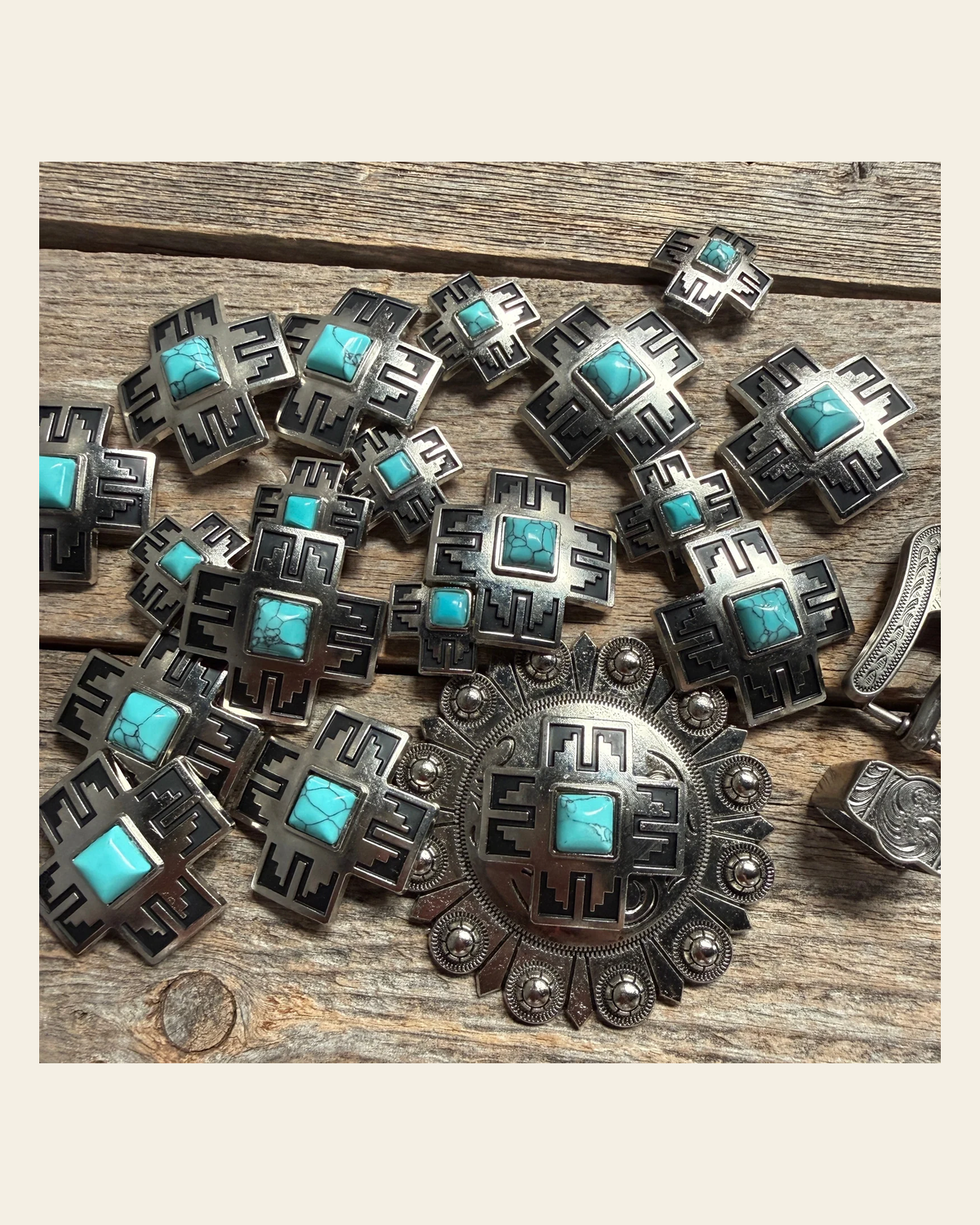 Southwest Antique Silver Turquoise Western Concho W201 on a warm cream background